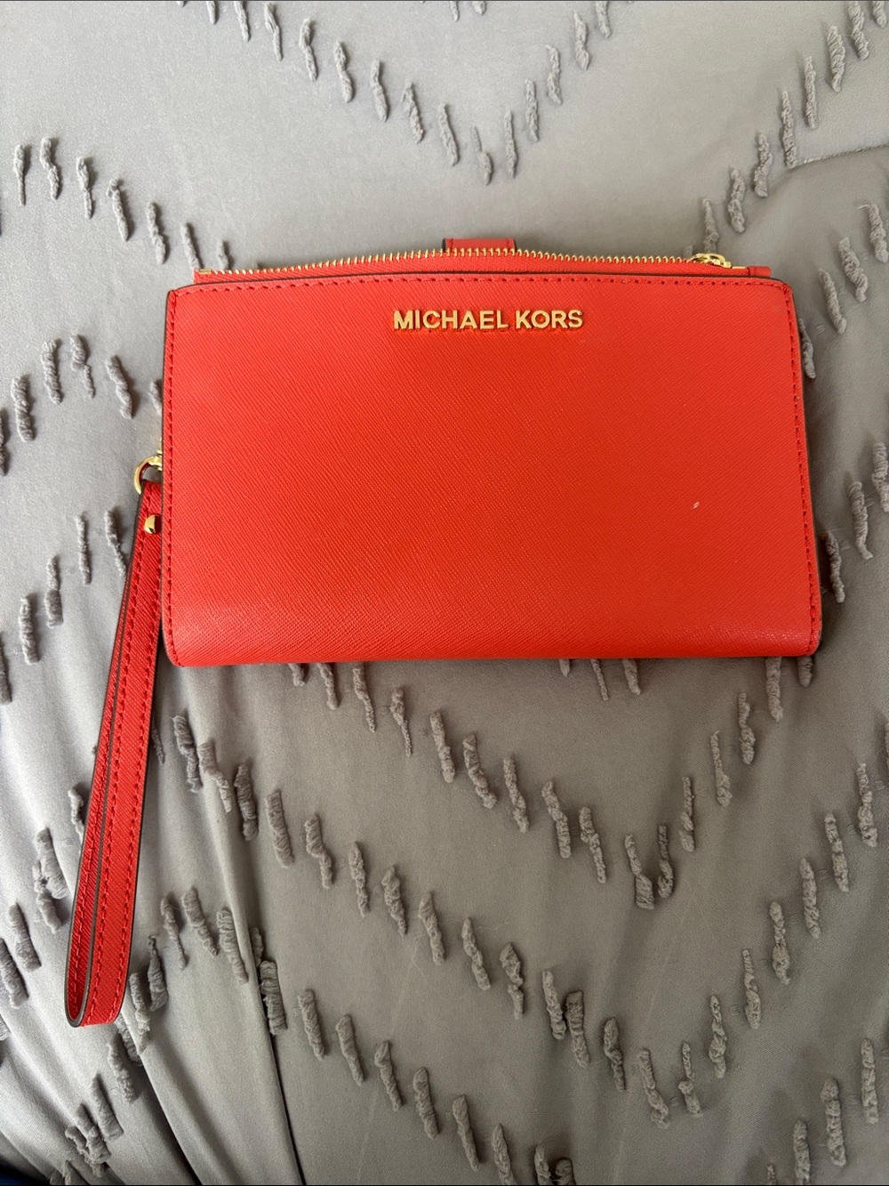 MICHAEL KORS Red Saffiano Leather Wristlet Clutch with Gold Hardware